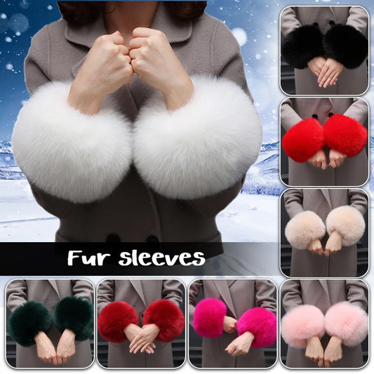 2 pcs Women Faux Fox Fur Cuffs Wristband Winter Warmer Arm Wrist Raccoon Fur Sleeve Gloves Cuff Warmer