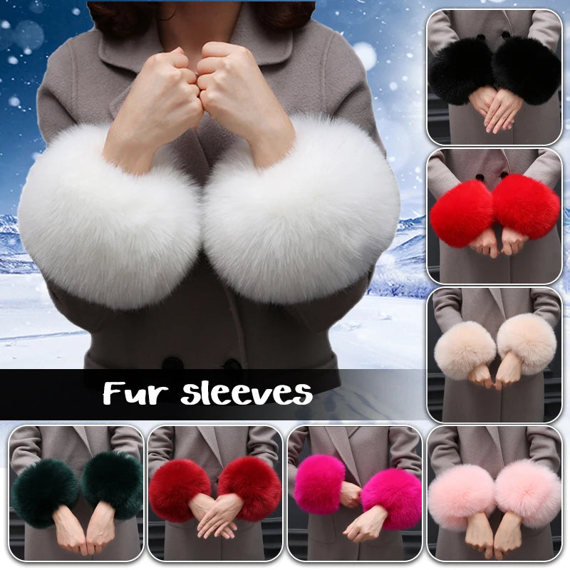 2 pcs Women Faux Fox Fur Cuffs Wristband Winter Warmer Arm Wrist Raccoon Fur Sleeve Gloves Cuff Warmer