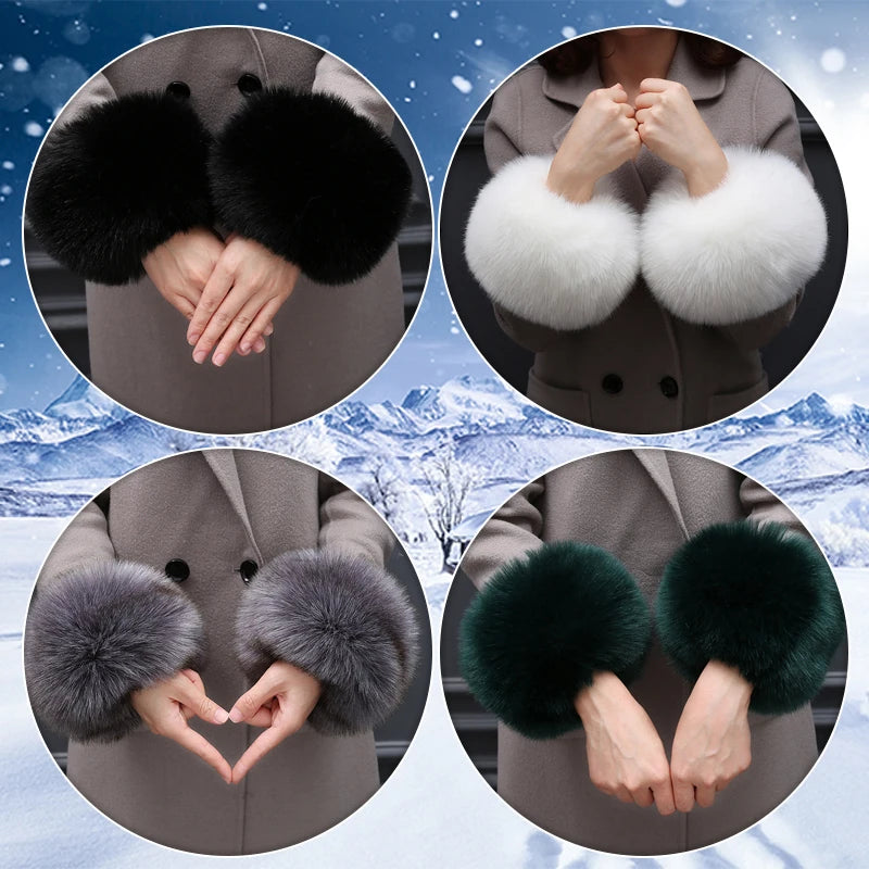 2 pcs Women Faux Fox Fur Cuffs Wristband Winter Warmer Arm Wrist Raccoon Fur Sleeve Gloves Cuff Warmer